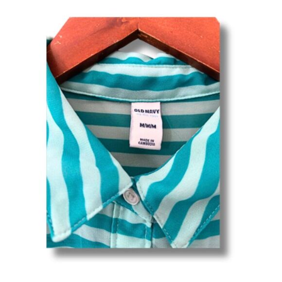 Old Navy Teal Striped Sheer Button-Down Size M Shirt Long Sleeve - Picture 12 of 12